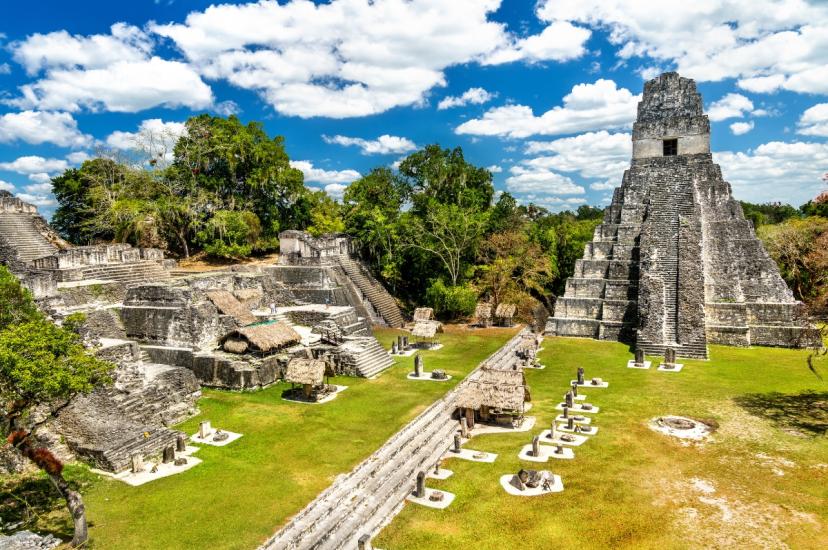Archaeological site with ruins of ancient city in Guatemala 