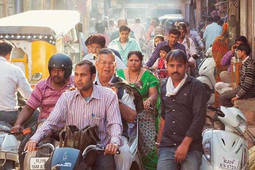 Packed market street in India