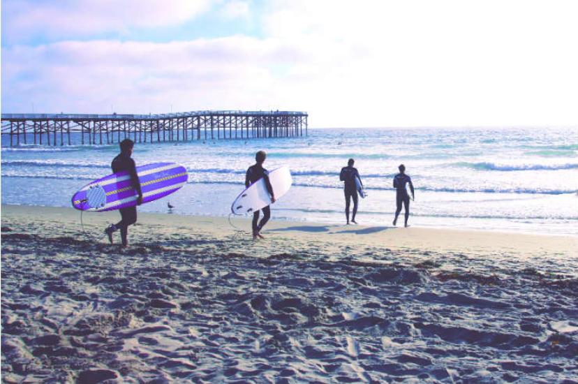 Surfers on Pacific Beach, California