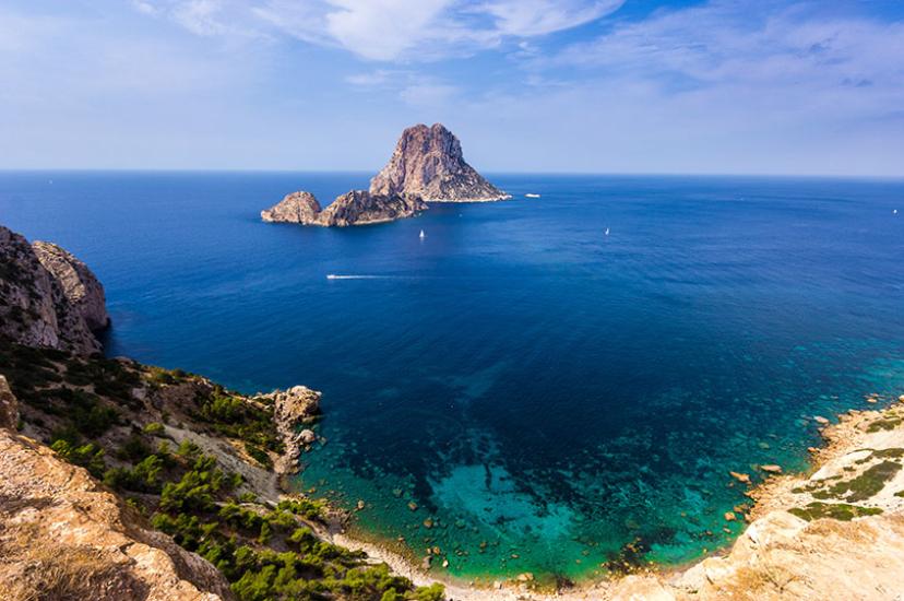 View of Es Vedra island off the south-west coast of Ibiza