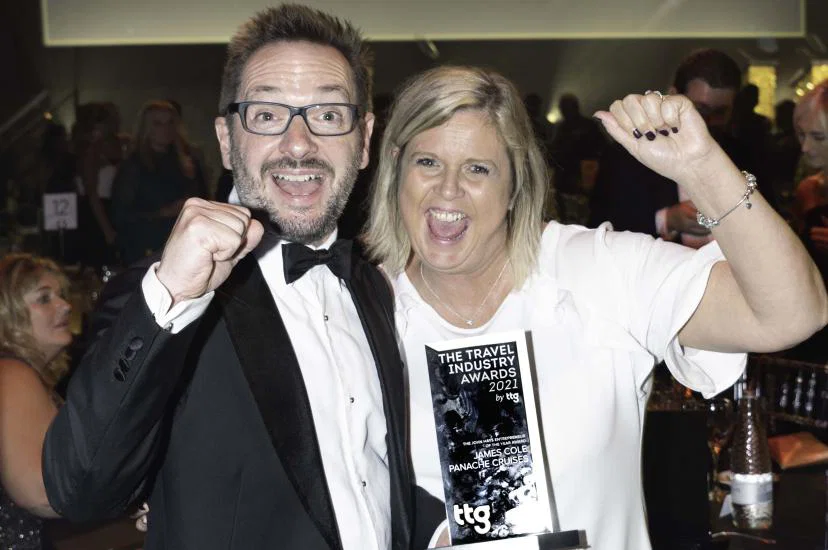 Panache Cruises founder James Cole celebrates his win at the Travel Industry Awards by TTG with general manager Clare Cruise