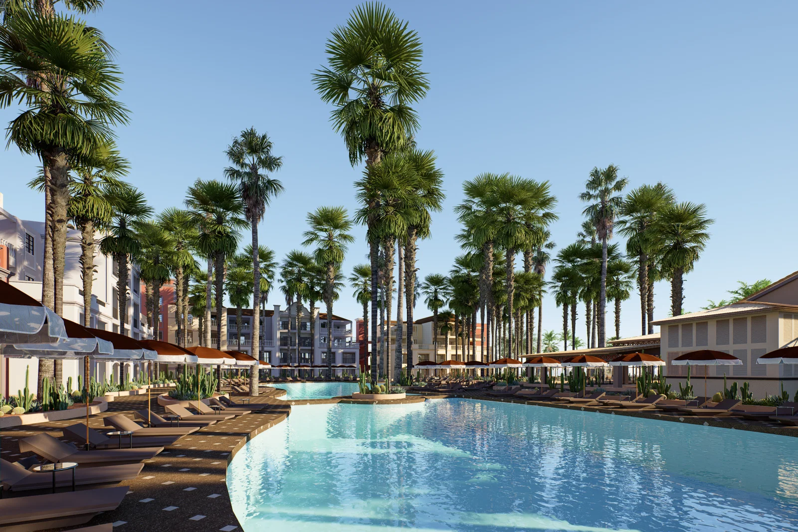 Pool area with sunbeds and palm trees 
