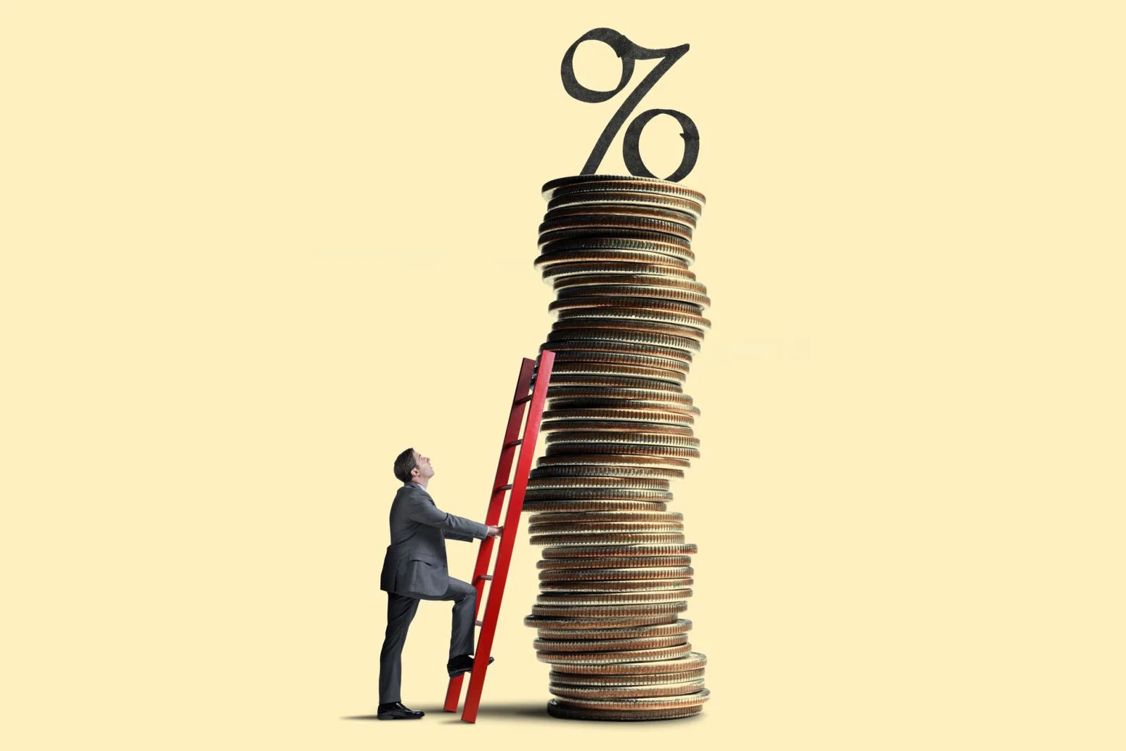 A man looks up as he leans a red ladder against a tall stack of coins that is topped with an interest rate symbol.