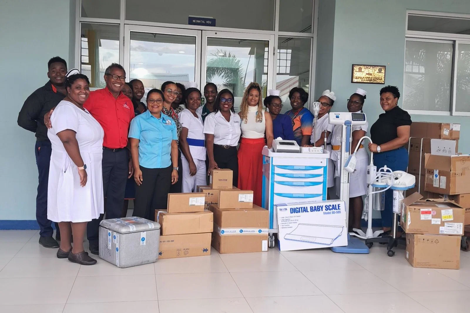 The team pictured with the life-saving medical equipment and resources