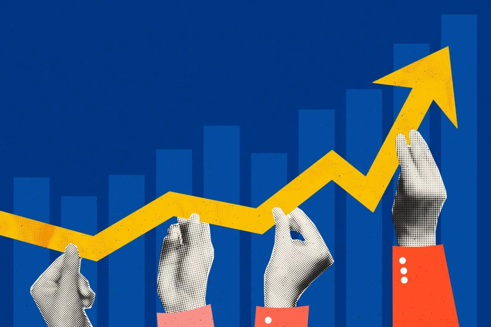 A graphic trending upwards supported by hands