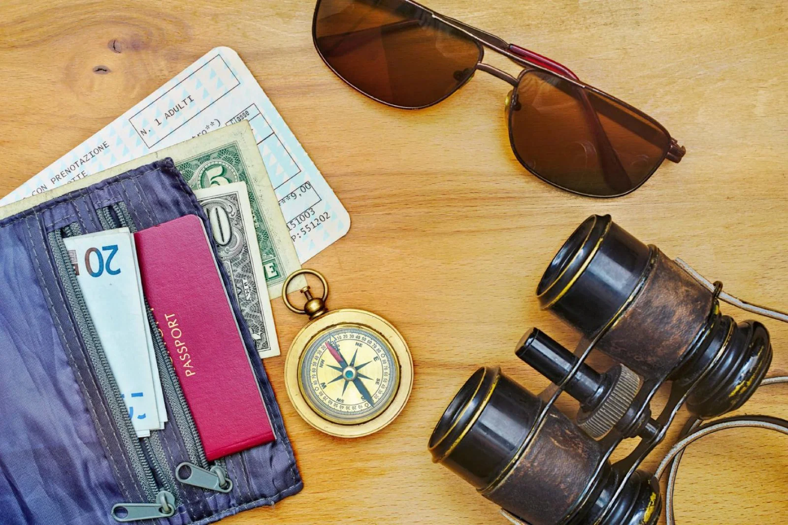 Holiday essentials including passport, money, sunglasses and binoculars