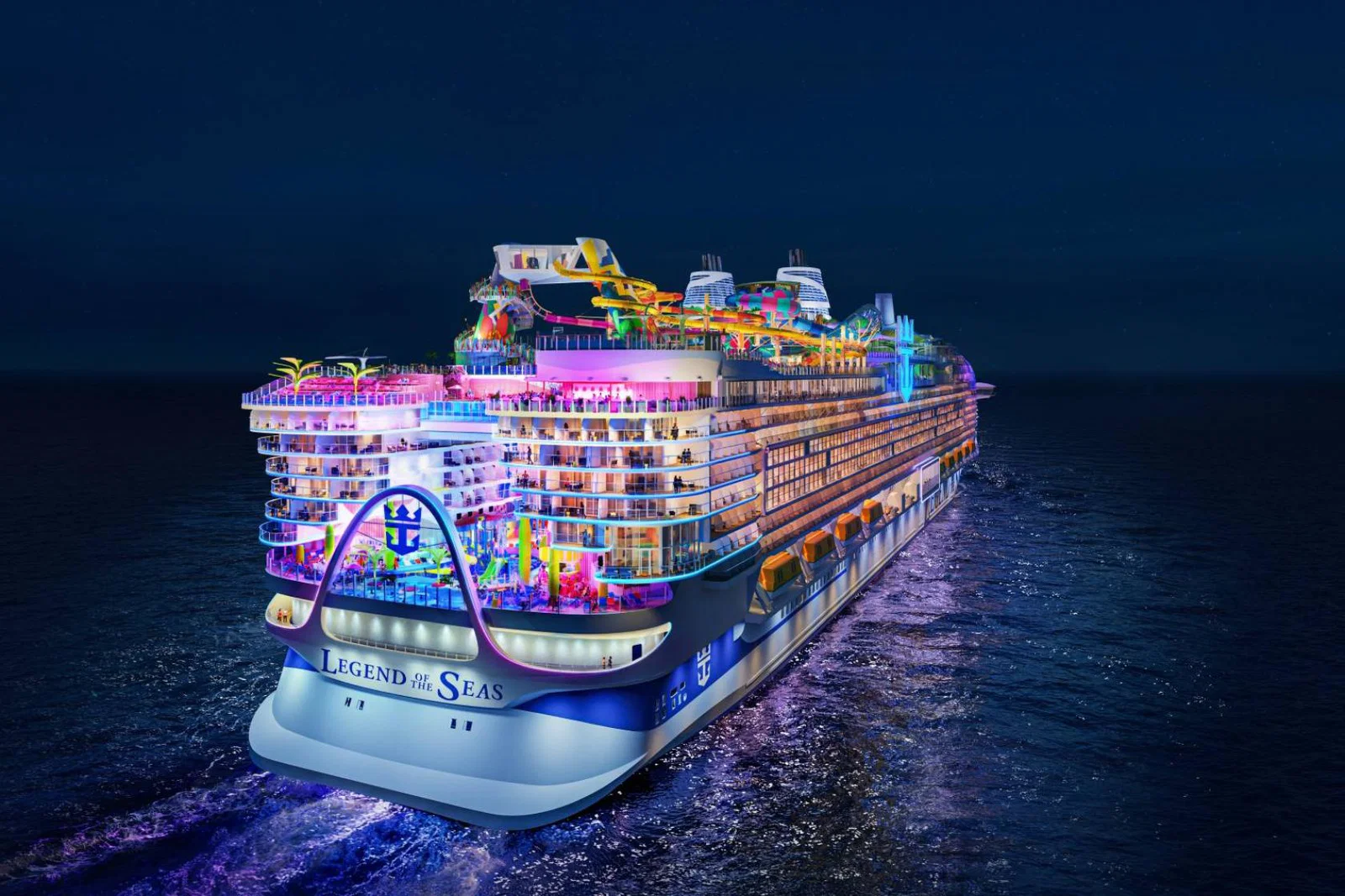 Cruise ship Legend of the Seas lit up at night