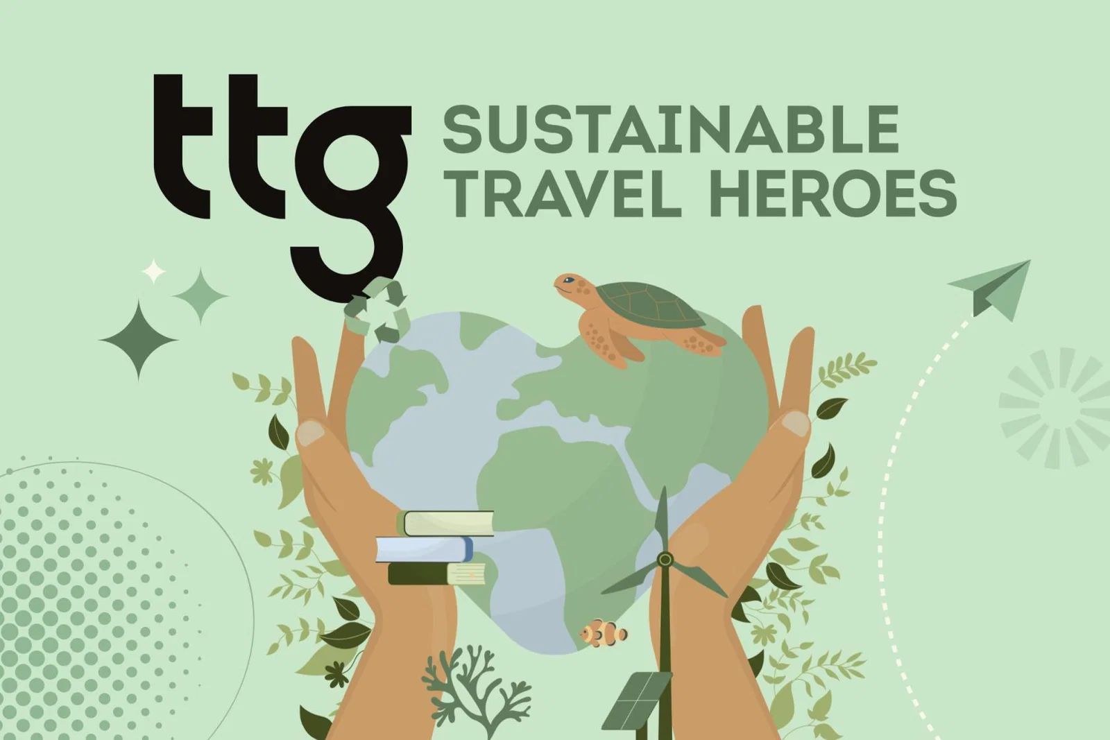 Sustainable Travel Heroes animated asset with heart shaped world being held in hands