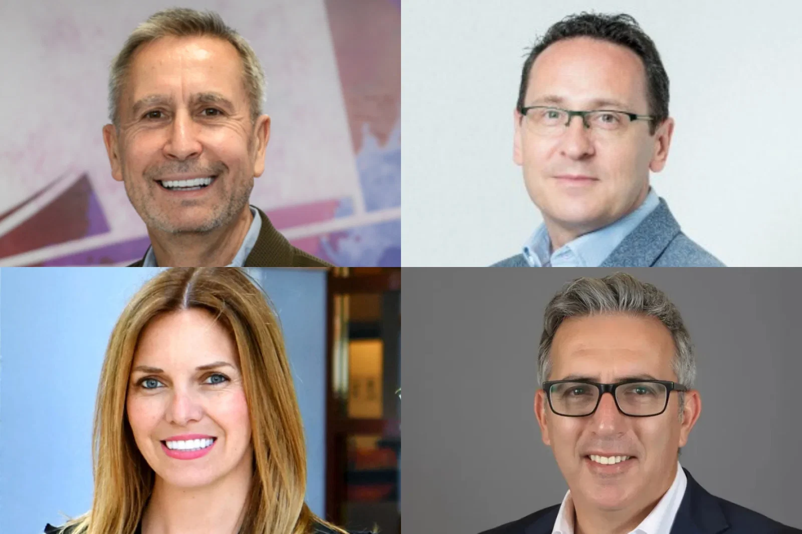  The image is a collage featuring four individual professional headshots arranged in a 2x2 grid. All four individuals are smiling and looking toward the camera