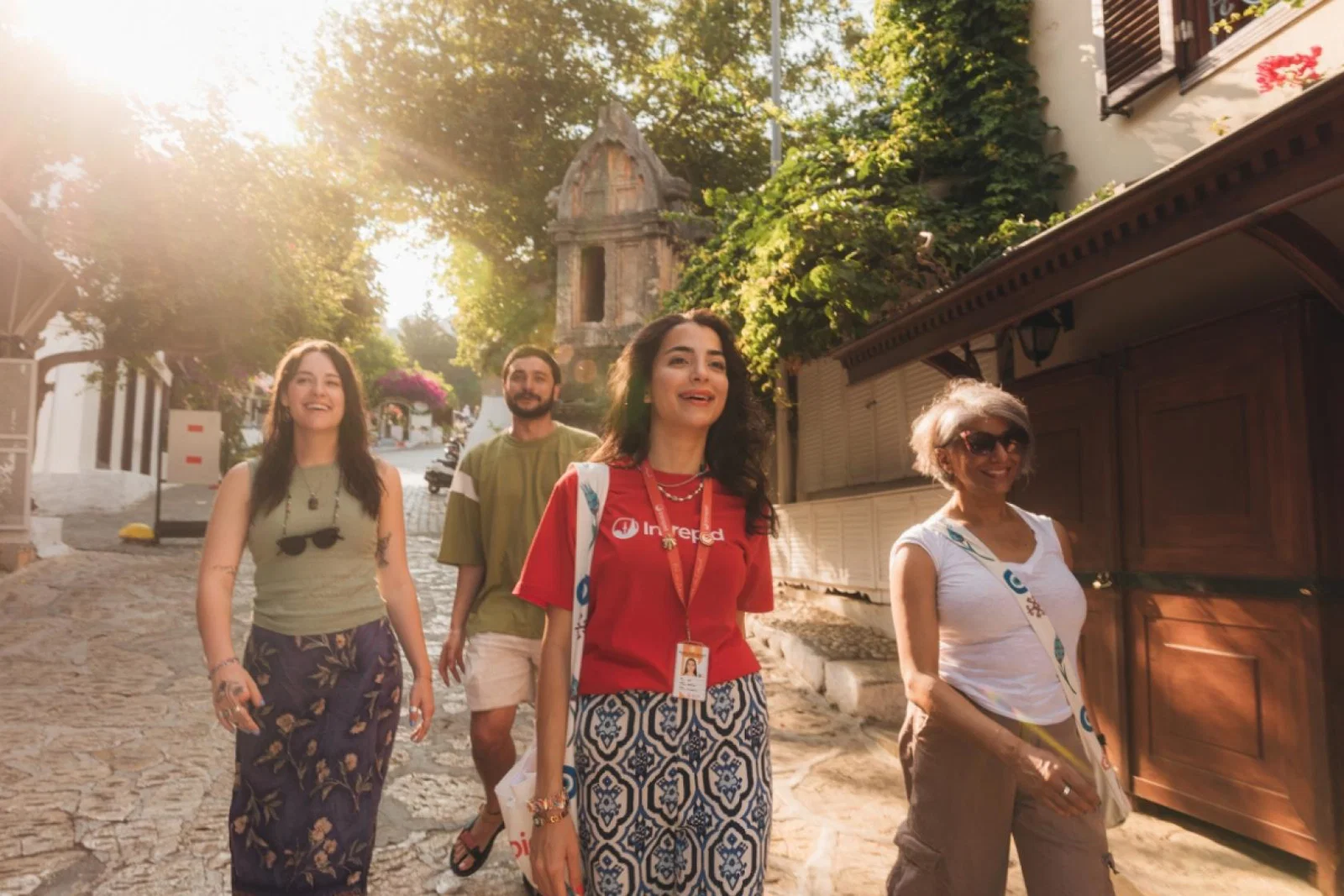 Tour group walking through European town