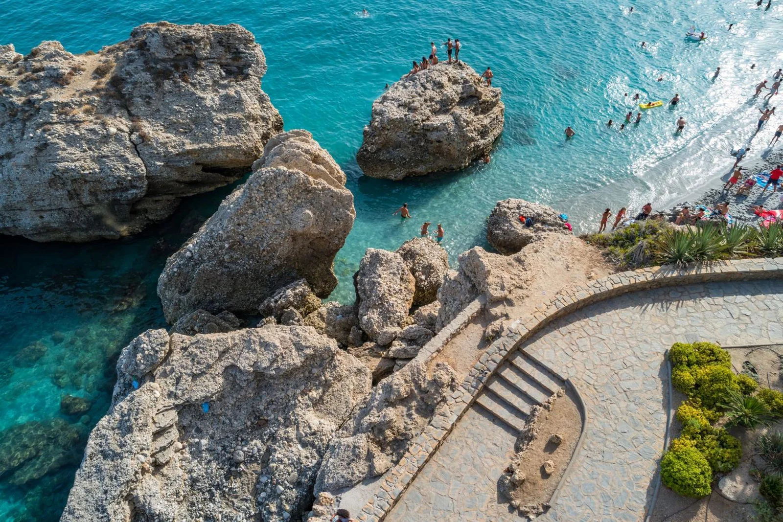 Aerial view of a rocky beach in Nerja on Spain's Costa del Sol