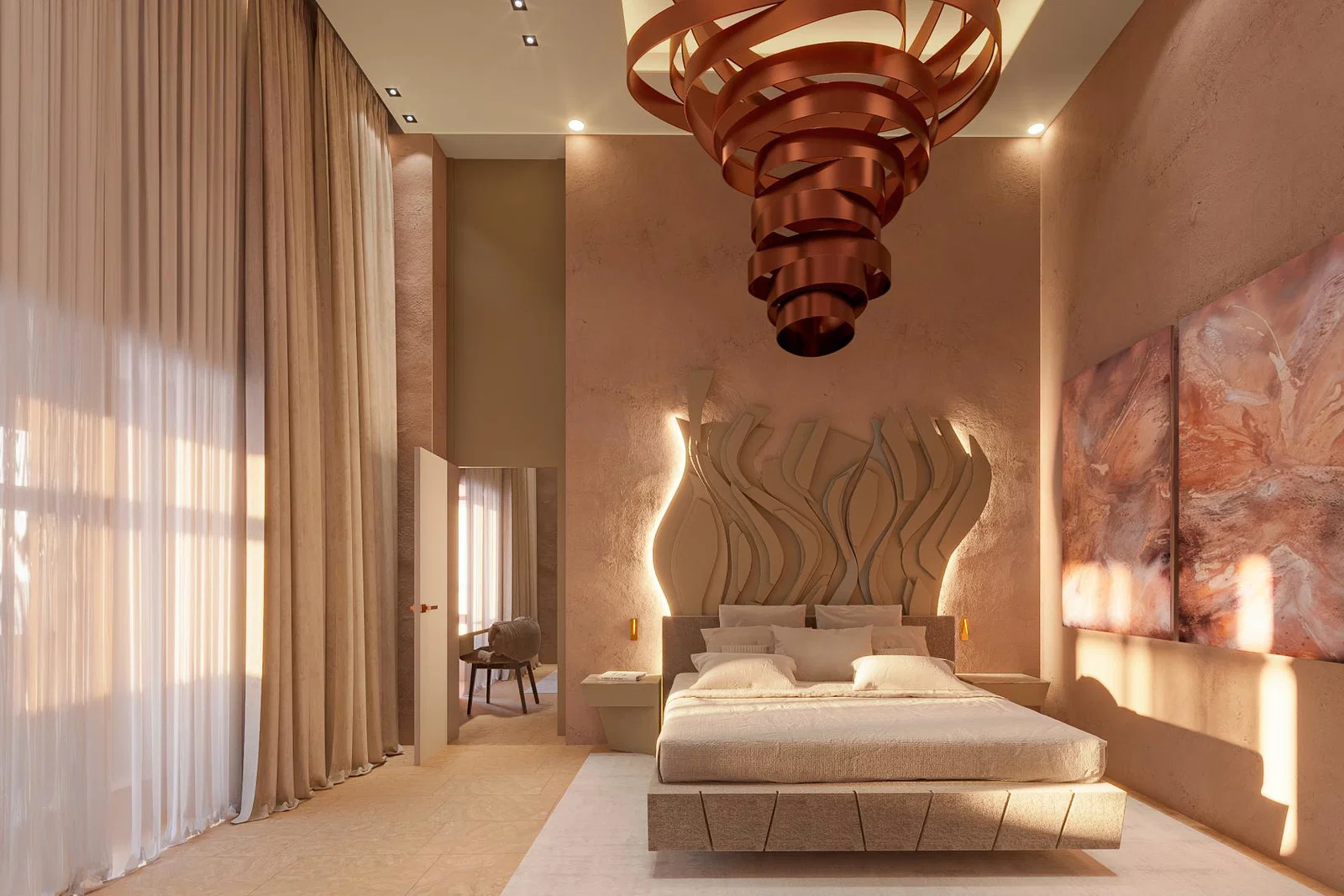 Luxury bedroom at Iniala Solis featuring a low platform bed, sculptural chandelier, warm ambient lighting, tall sheer curtains, and textured wall art in soft neutral tones. 