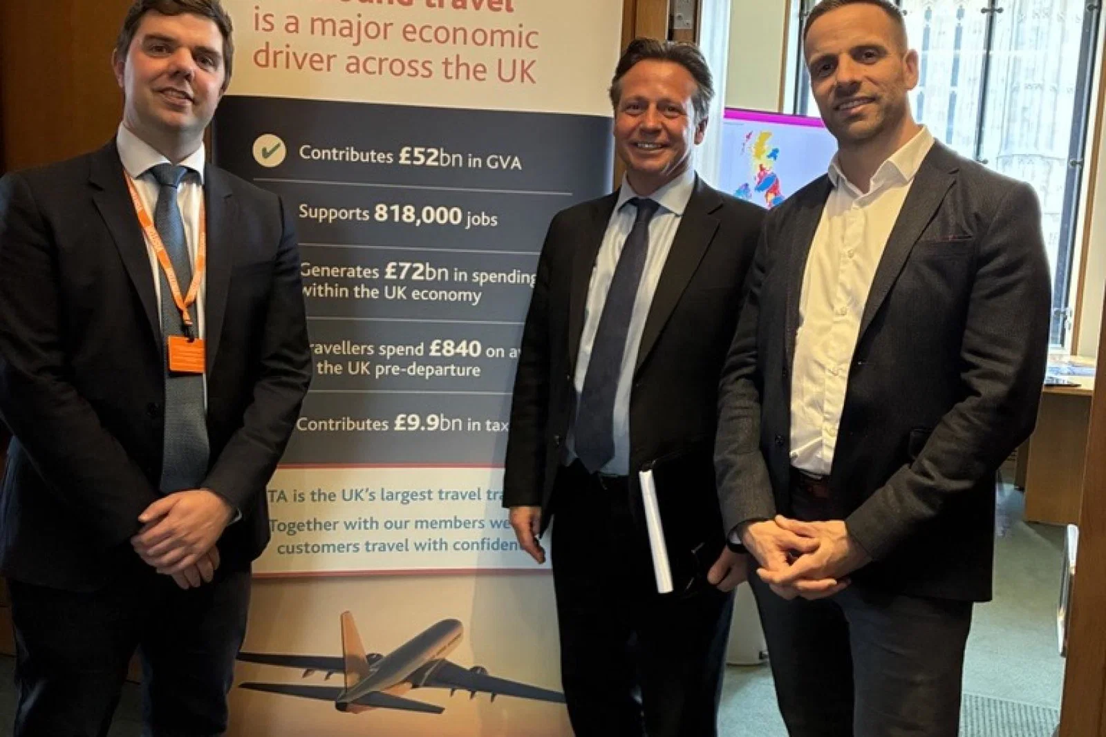 L-R: ABTA Director of Public Affairs Luke Petherbridge, Mr Nigel Huddleston MP, Shadow Secretary of State for Culture, Media and Sport, Jonathan Hawkins from Royal Caribbean.