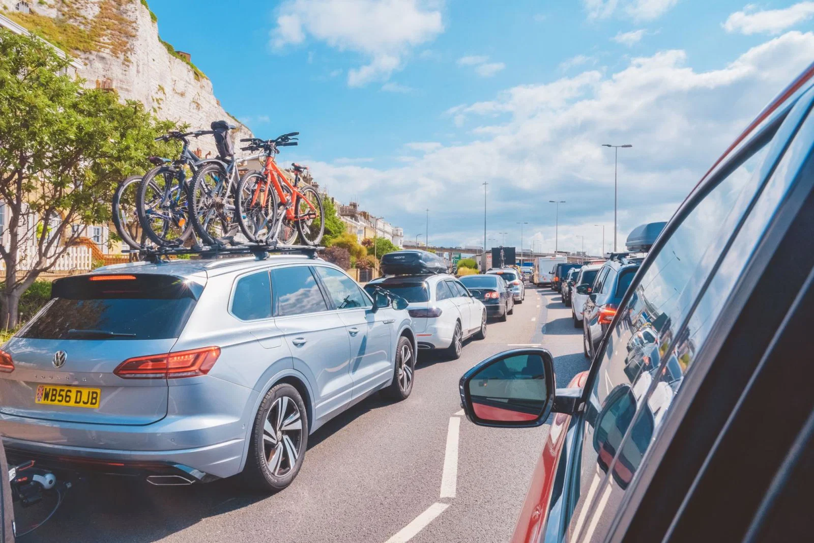 Cars queue on the approach to the Port of Dover