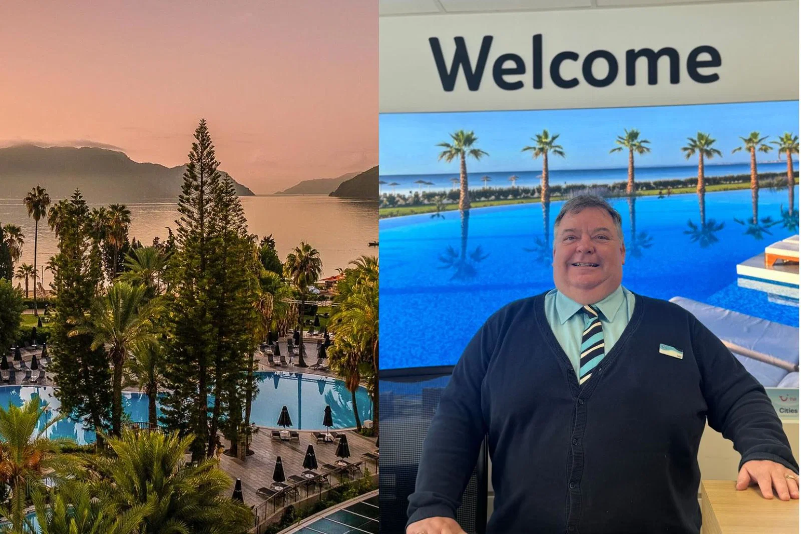 An image of a retail worker at a TUI store next to a sunset image of a hotel in Turkey. 