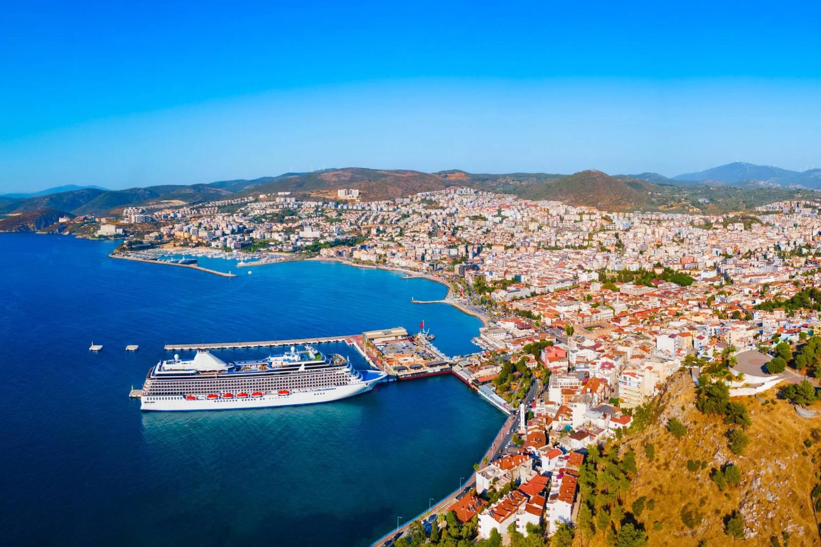 Kusadasi city aerial panoramic view in Aydin Province, Turkey