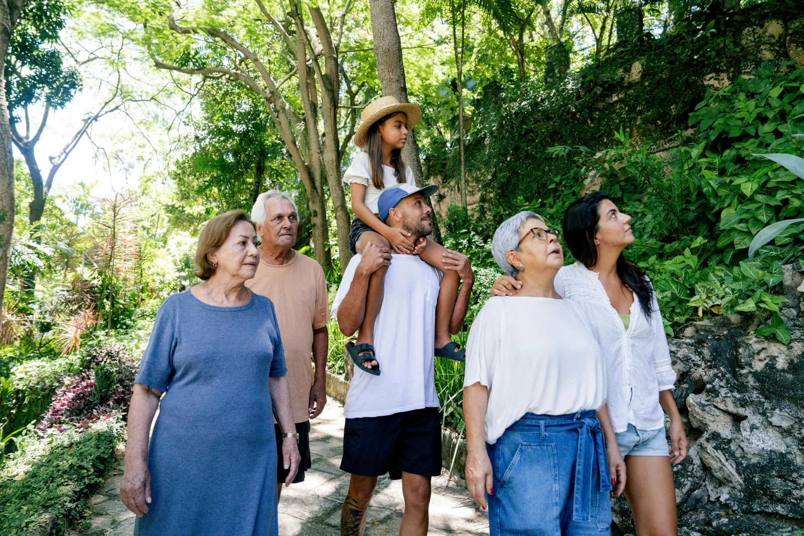 Family on a walk through a forest on holiday