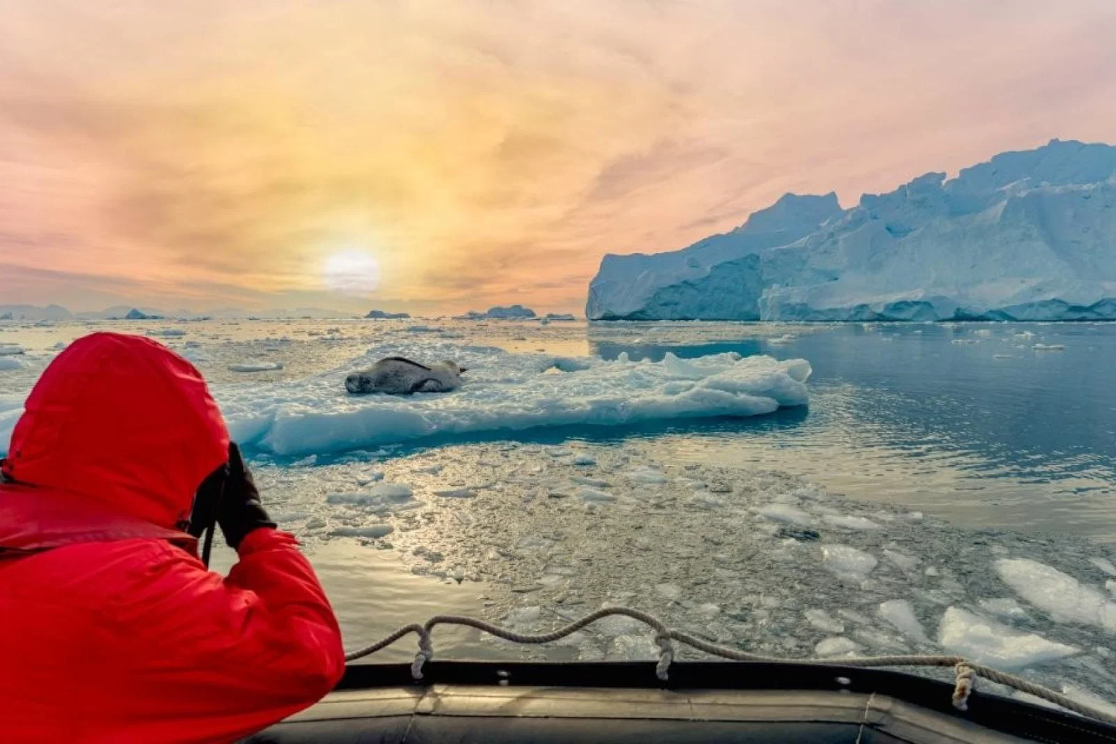 A person looking across the sea to an expedition cruise ship 