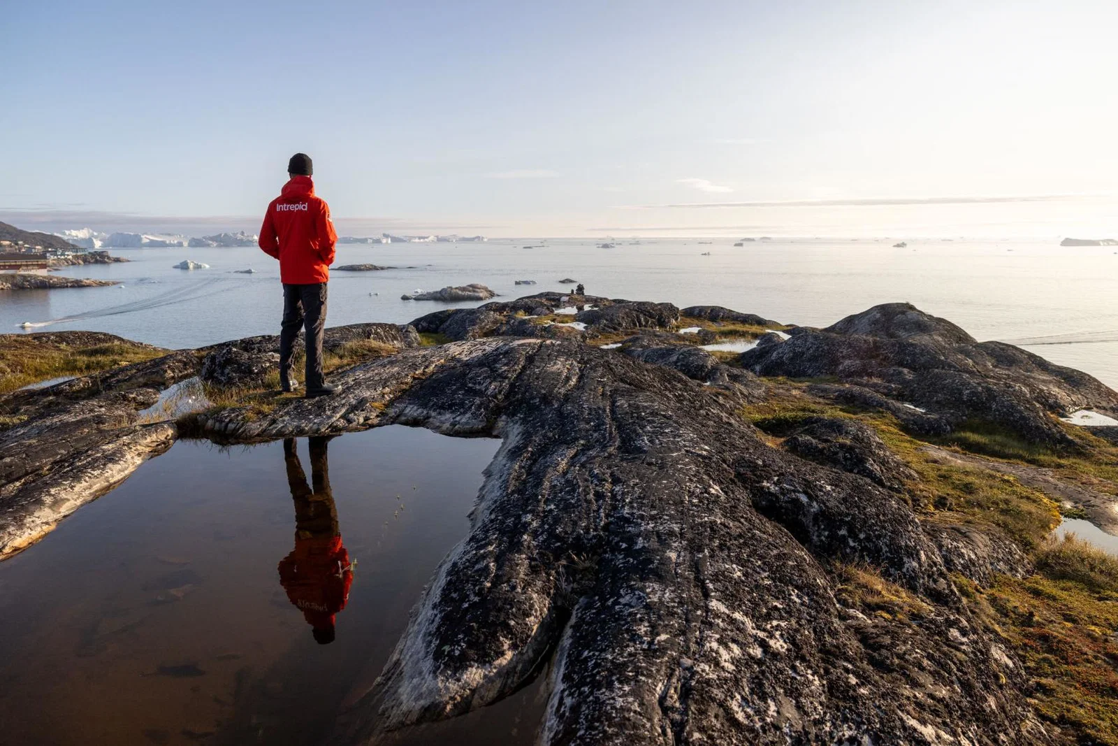 A person in an Intrepid jacket looks out across the ocean in Greenland