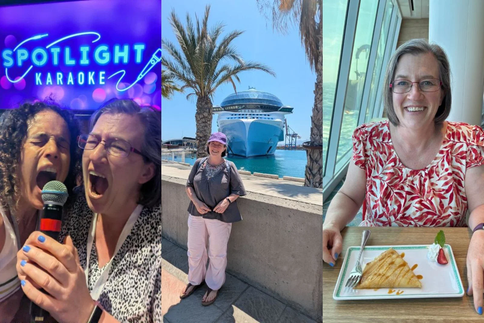 Photo collage of Lucy McRae and her friend singing karaoke, standing in front of a ship and eating a pancake