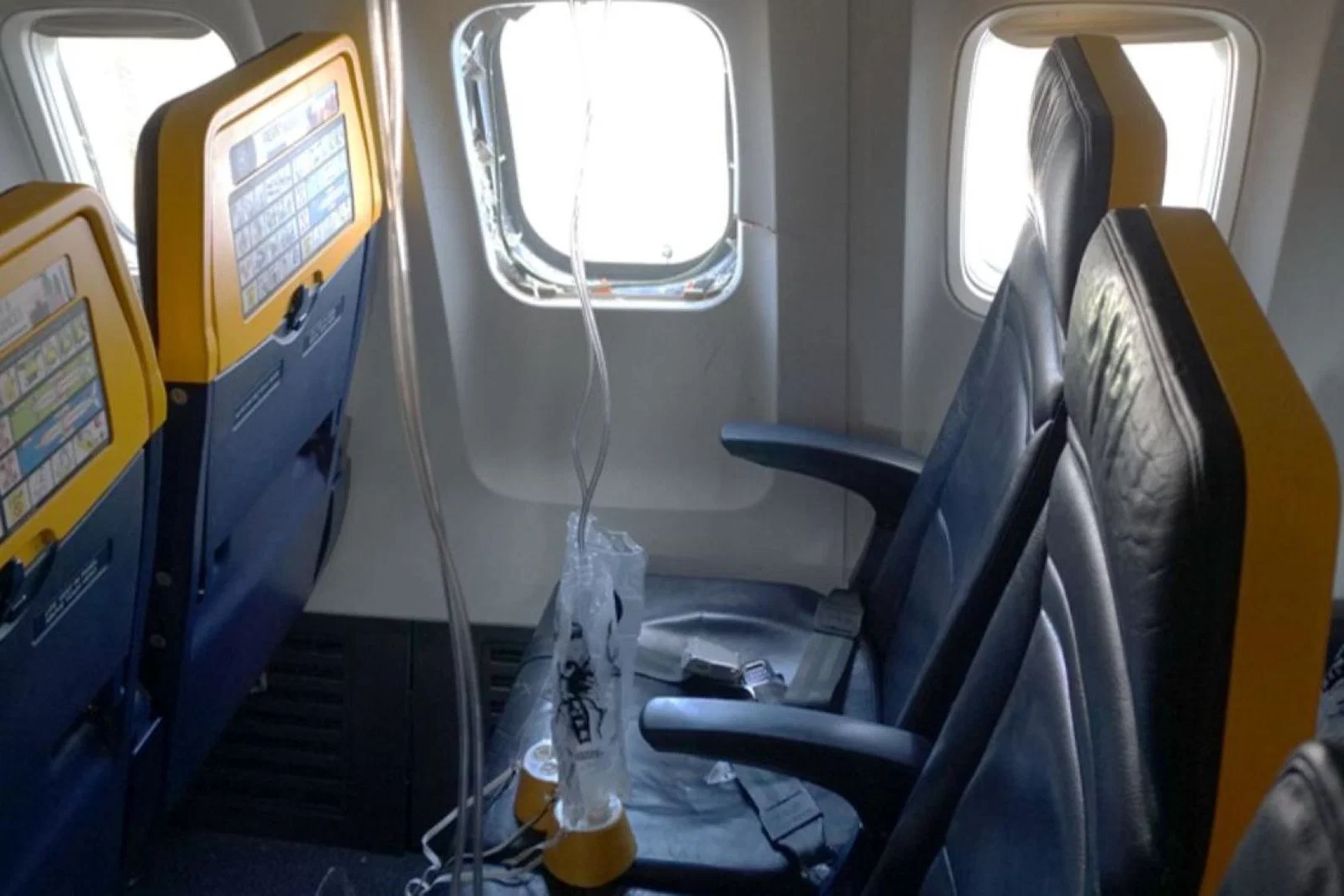 The scene inside the cabin on the stricken Ryanair flight