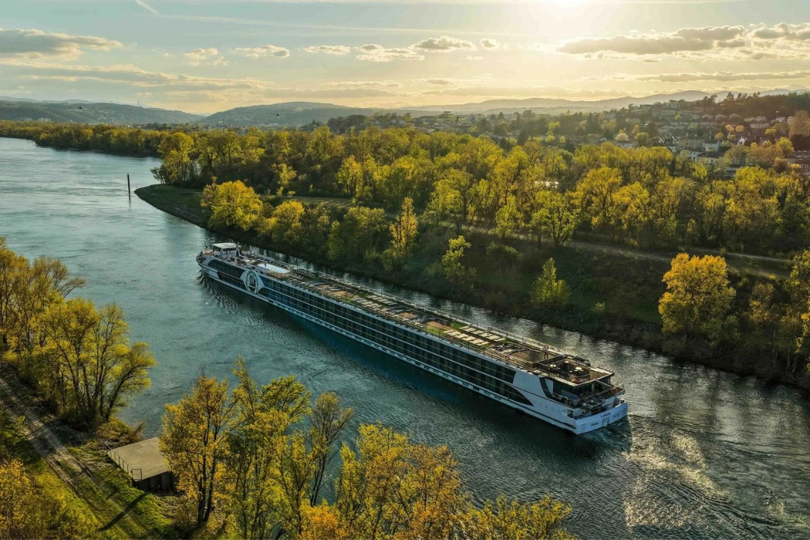 Aerial shot of river ship 