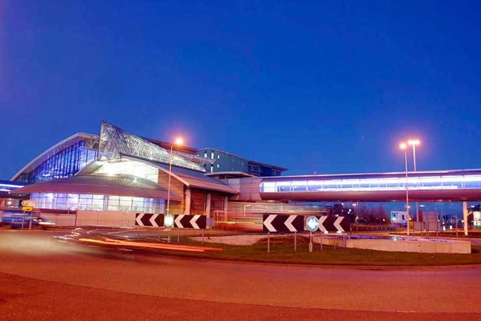 Manchester Airport Rail Station exterior night
