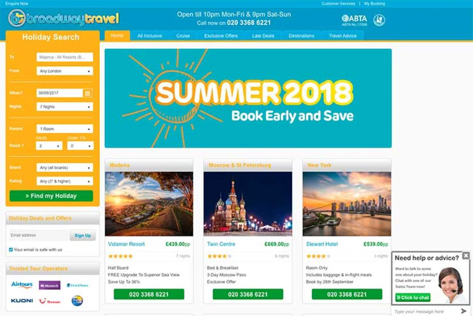 Broadway Travel website Sept 25, 2017