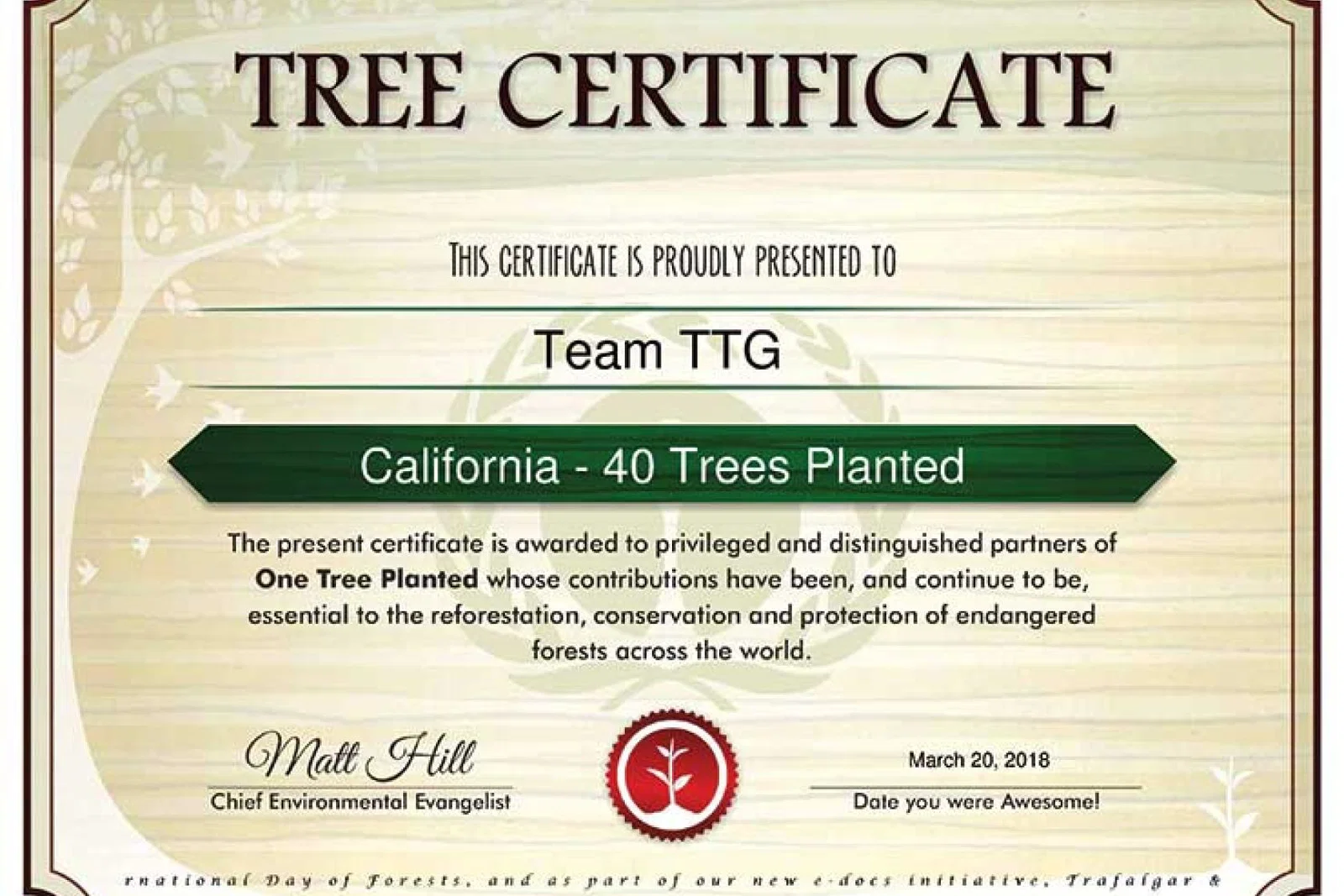 TTG Tree Planting Certificate