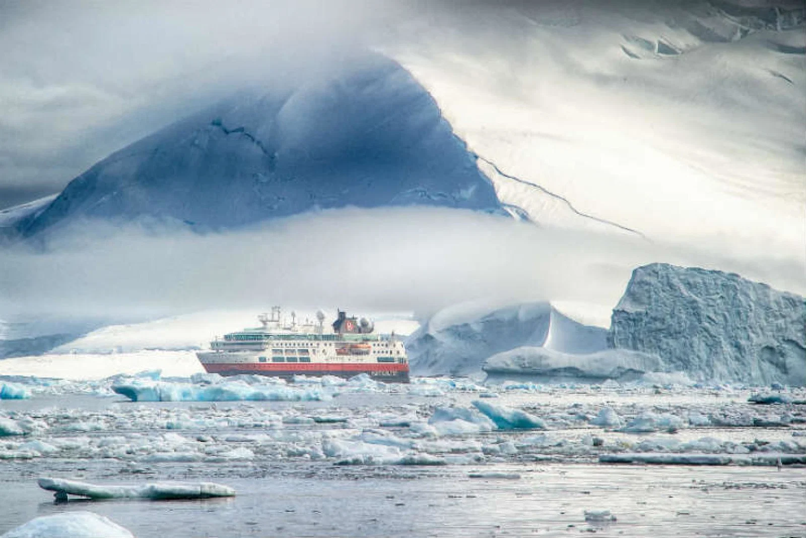 Hurtigruten ship sailing in Antarctica