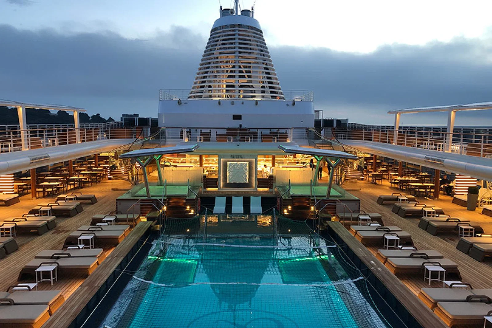 Pool deck on Regent Seven Seas Splendor, which is now back sailing