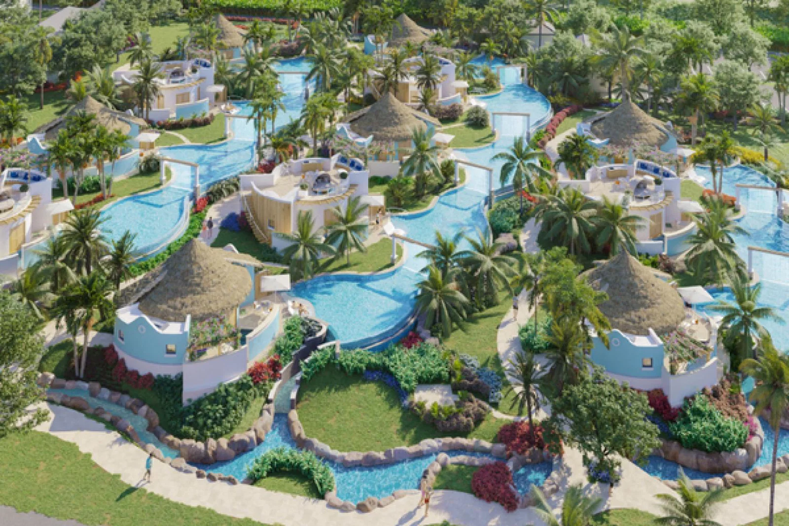 Aerial view of the Coyaba Rondoval Village at Sandals Dunn’s River