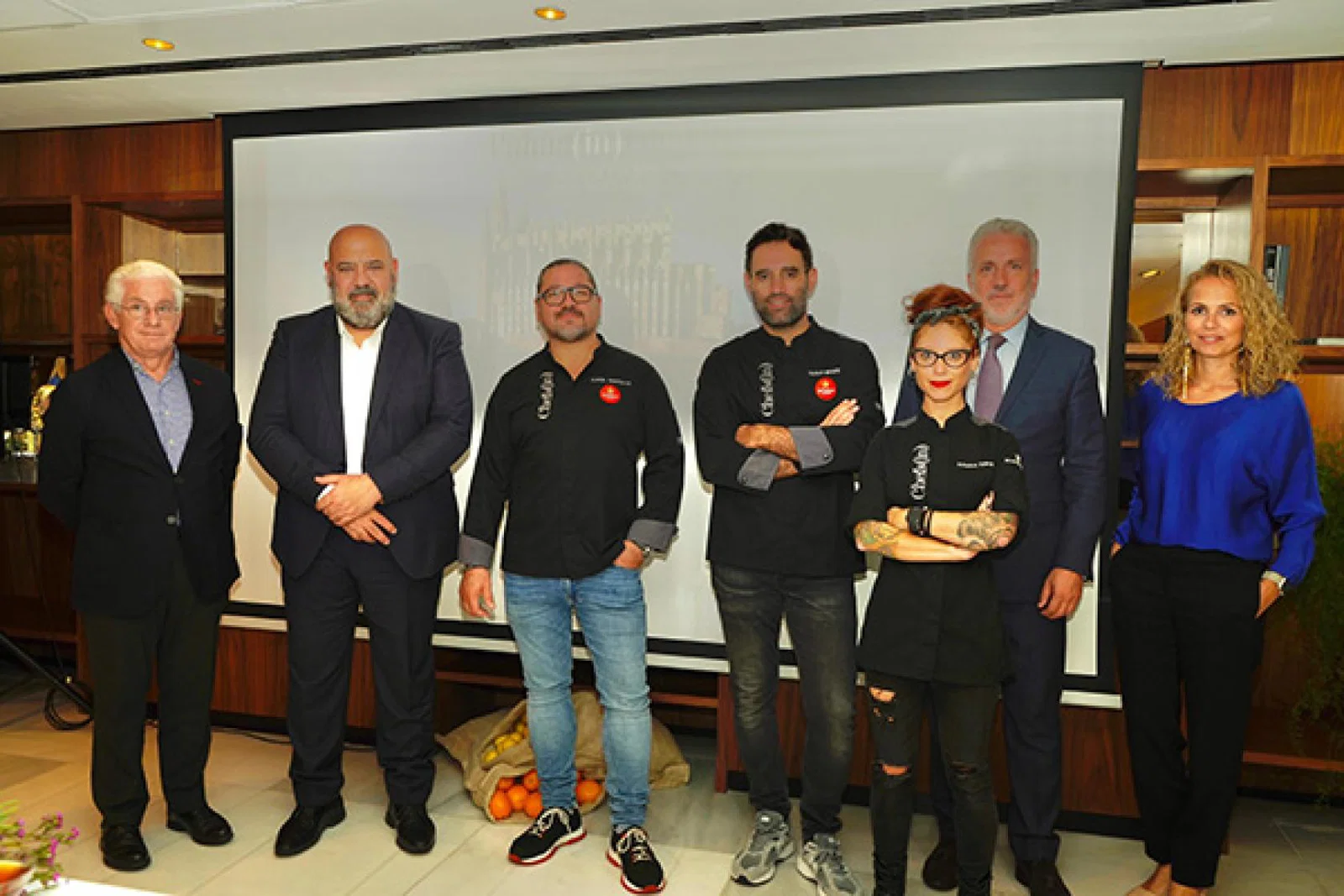 (L-R) Manuel Butler, director of the Spanish Tourist Office (UK); Jaime Martinez, mayor of Palma; chef Adrian Quetglas; mixologist Matias Iriarte; chef Adriana Salvador; Pedro Homar, MD of Palma Tourist Board; Victoria Mullet, coordinator of tourism and hospitality at Palma City Council