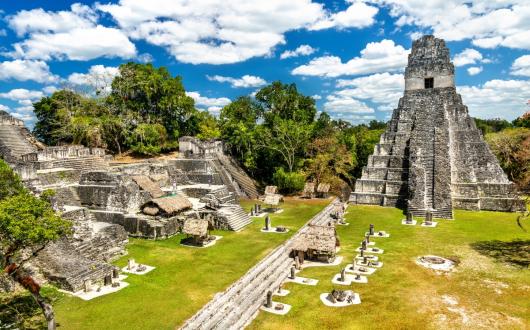 Archaeological site with ruins of ancient city in Guatemala 