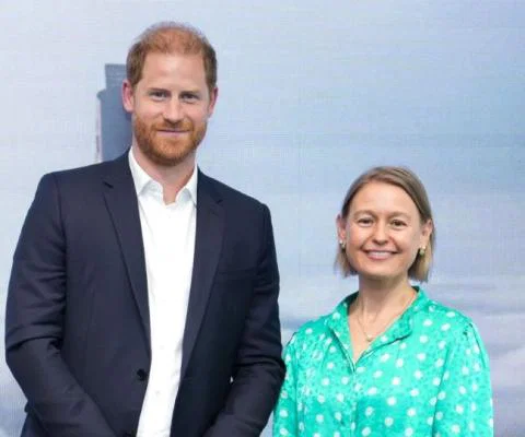 Outgoing Travalyst chief executive Sally Davey pictured with Prince Harry, the Duke of Sussex