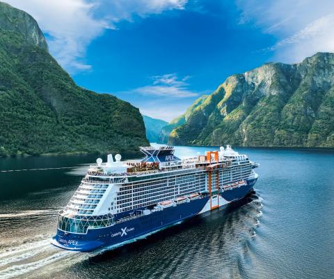 Celebrity Apex ship sailing through the fjords 