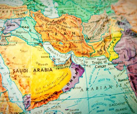 Map of the Middle East highlighting Iran, Saudi Arabia, the Gulf region and eastern Med