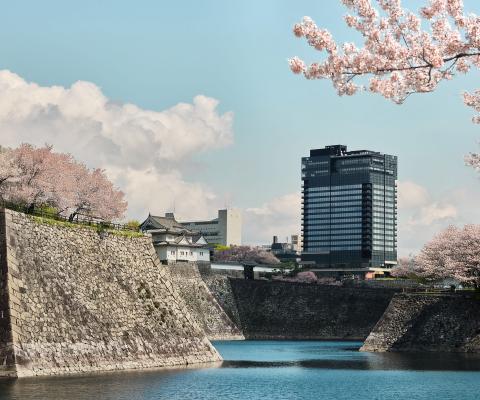 The exterior of Patina Osaka with the cherry blossoms