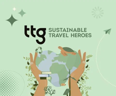 Sustainable Travel Heroes asset with world shaped as heart in hands