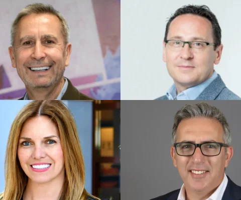  The image is a collage featuring four individual professional headshots arranged in a 2x2 grid. All four individuals are smiling and looking toward the camera