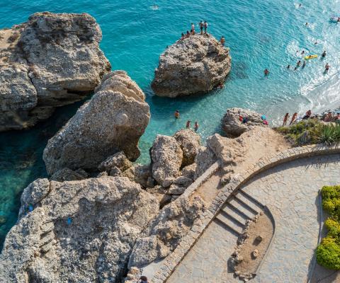 Aerial view of a rocky beach in Nerja on Spain's Costa del Sol