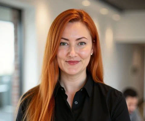White woman with long, straight red hair and black shirt smiling at camera