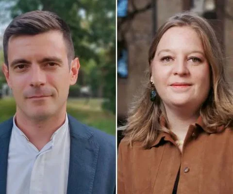 Split image of white businessman and white businesswoman looking at camera 