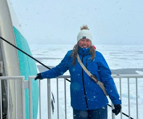 Travel agent Melina Chheng in Antarctica