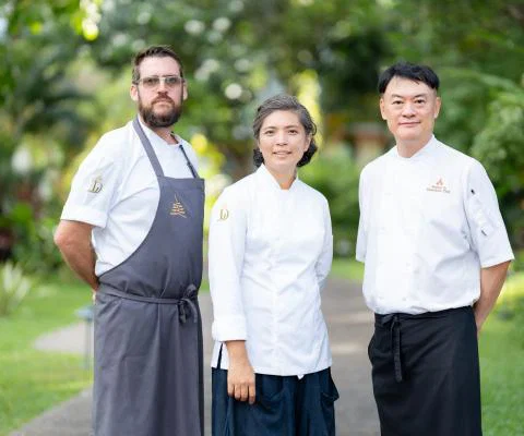 From left to right_ Chef Dylan Jones, Chef Duangporn “Bo” Songvisava, founders of Bo.lan and Chef Sinchai Srivipa, Executive Chef of Chiva-Som Hua Hin
