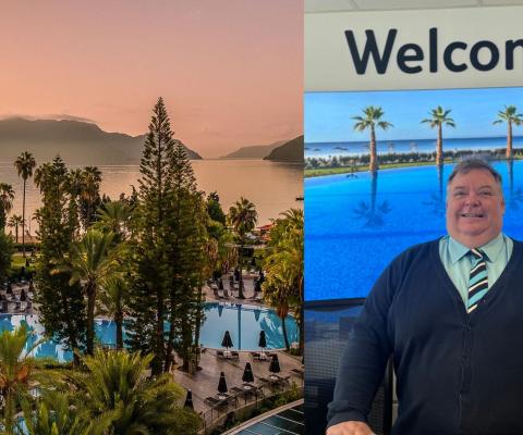 An image of a retail worker at a TUI store next to a sunset image of a hotel in Turkey. 