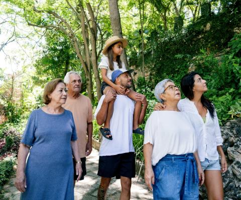 Family on a walk through a forest on holiday