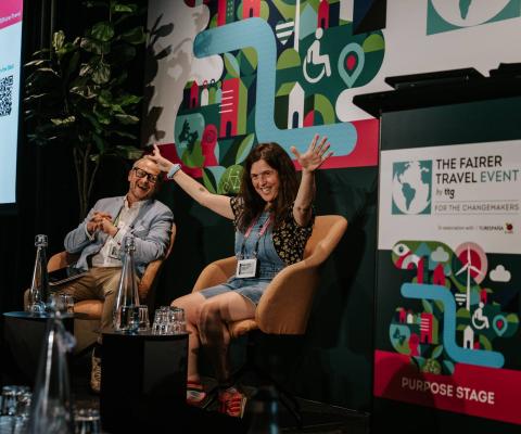 Comedia Rosie Jones at the 2026 Fairer Travel Event with TTG CEO Dan Pearce