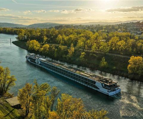 Aerial shot of river ship 