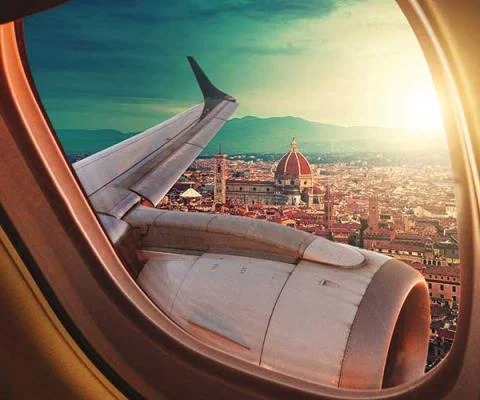 Mediterranean city through an aircraft window